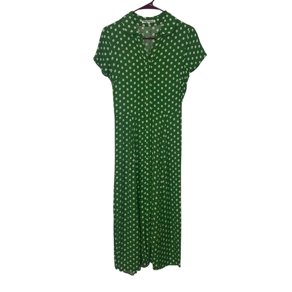 Reformation Wilma Green Button Up Floral Midi Dress 6 Cottagecore Prairie Boho